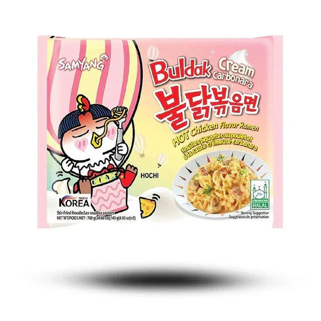 Buldak Creamy Carbonara 130g pack with spicy chicken flavor noodles.