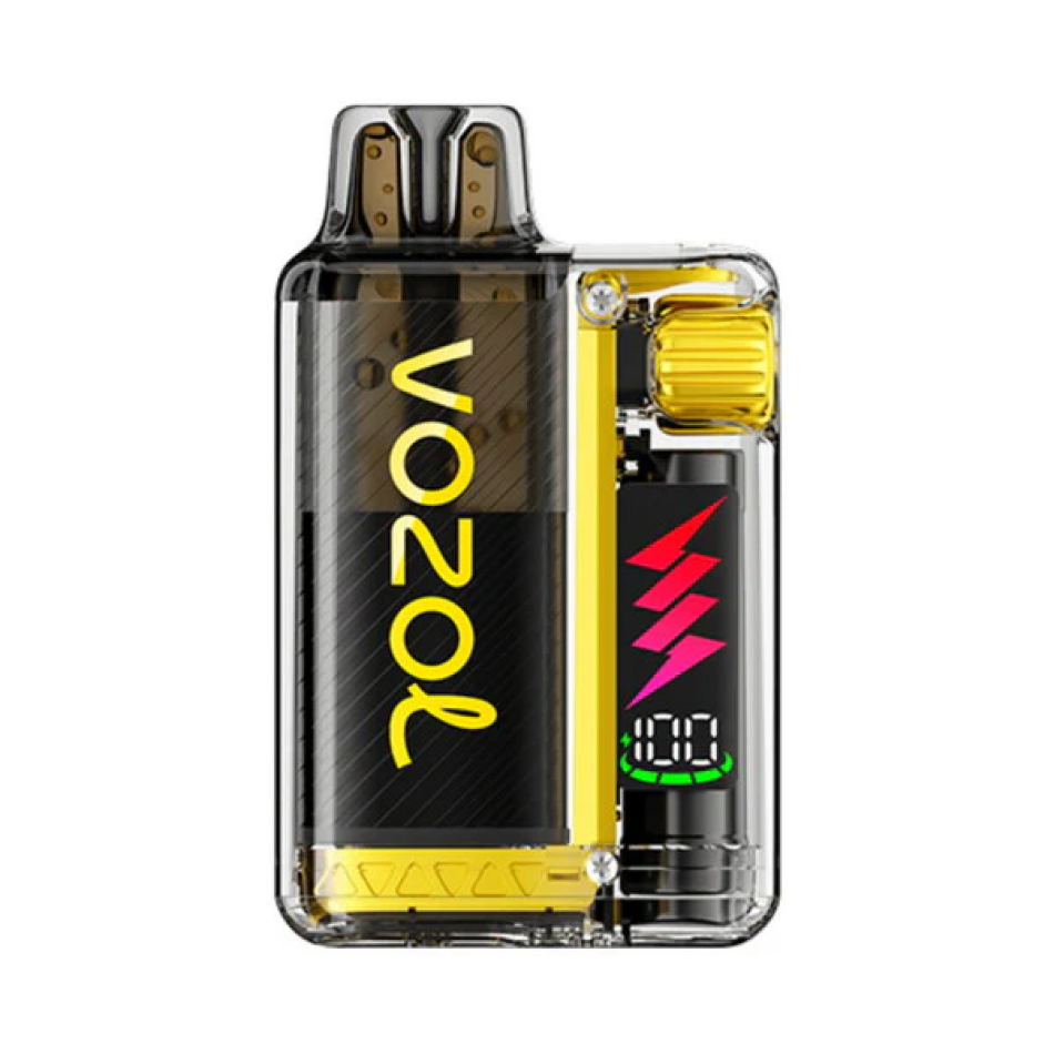 Vozol Vista Plug VZBULL 15K vape system with transparent design, displaying internal components and yellow accents.