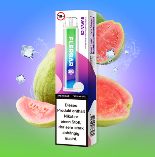 Flerbar Vapes 600er disposable, 20mg nicotine, 500mAh battery, guava ice flavor.