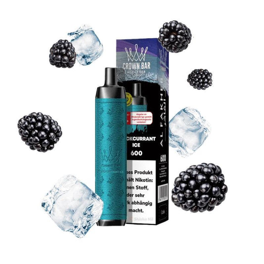 Al Fakher Crown Bar 600 vaping device with blackcurrant and ice imagery.