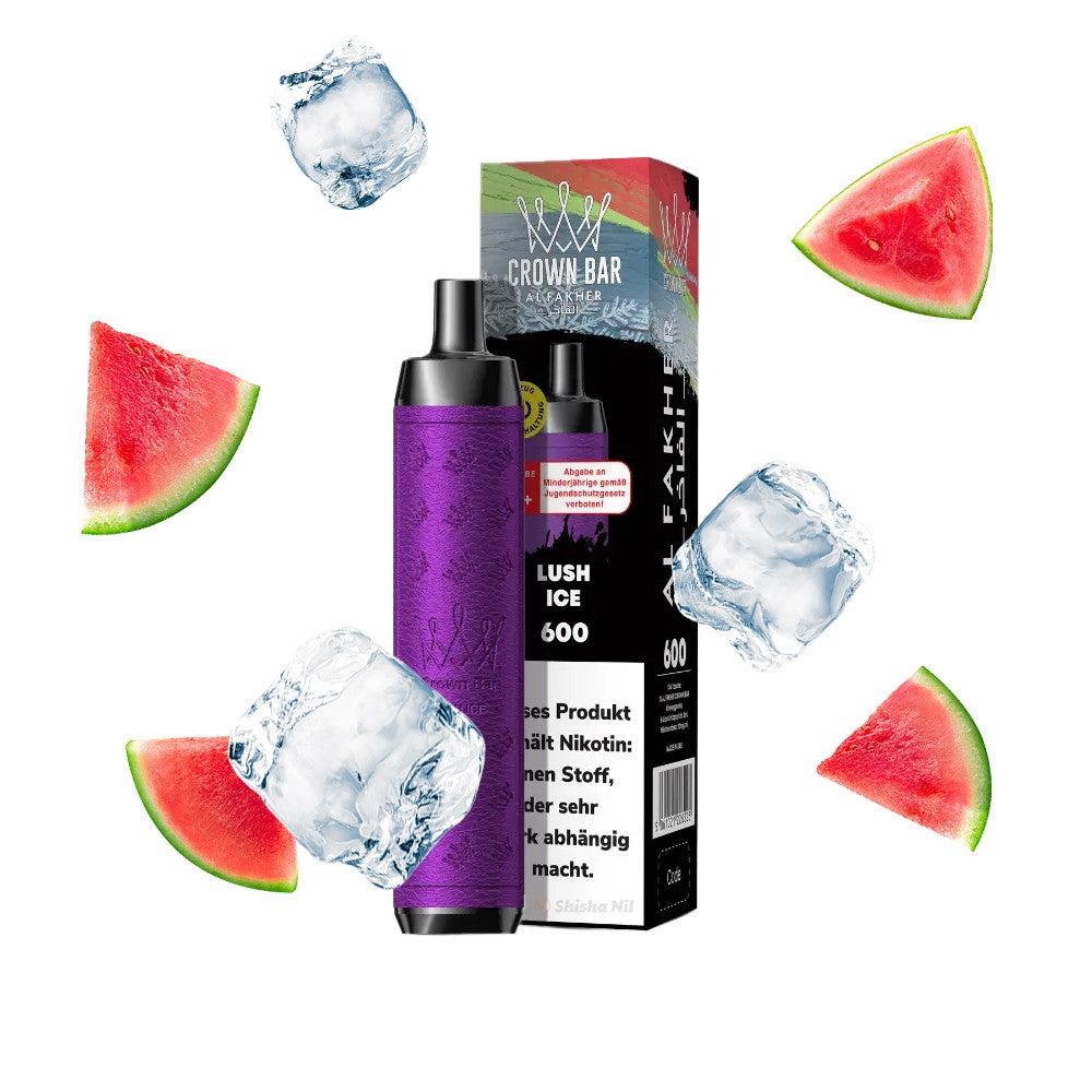 Al Fakher Crown Bar 600 vape with watermelon and ice cube accents.