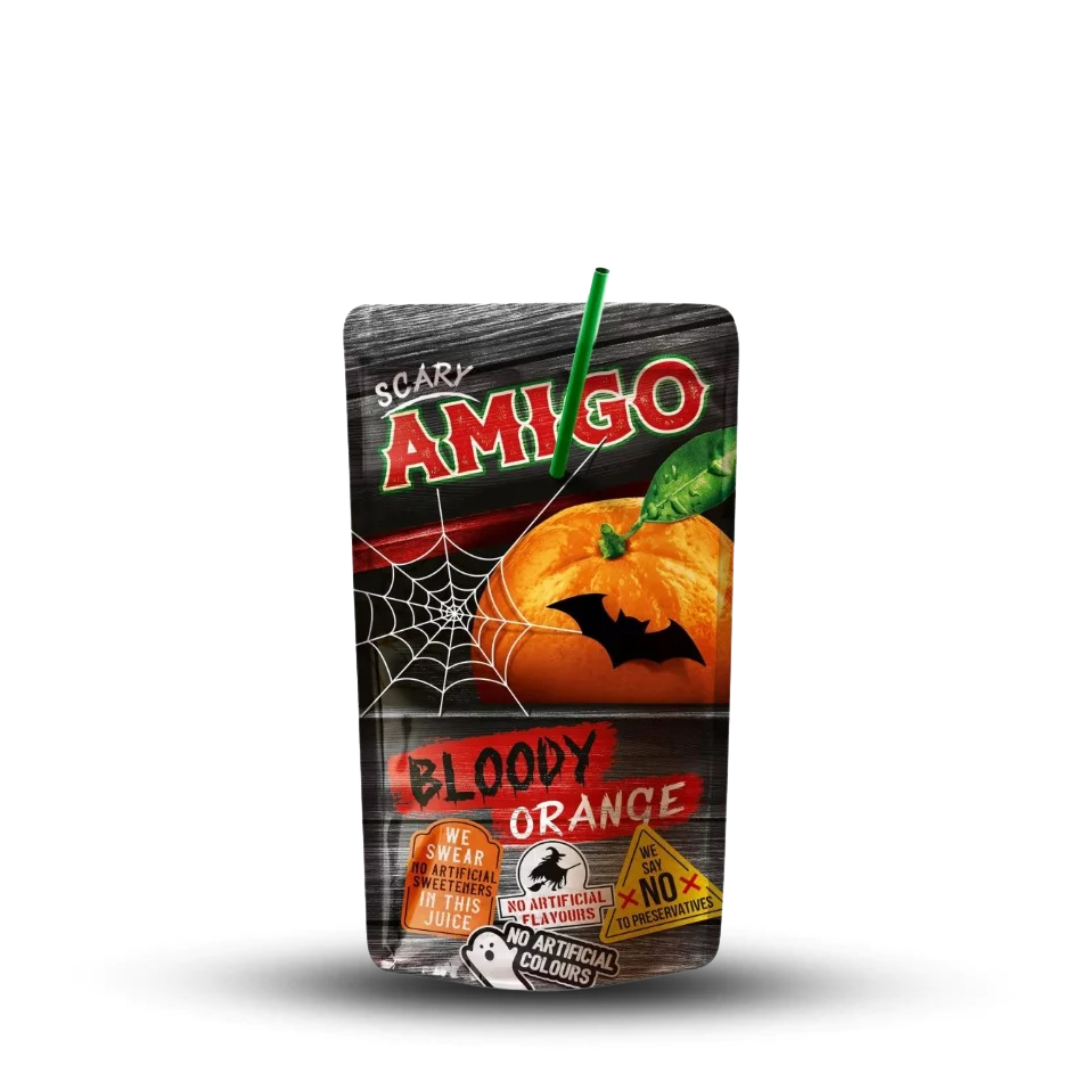 Amigo Trinkpäckchen Bloody Orange 200ml Einweg drink with bold design featuring blood orange and Halloween theme.