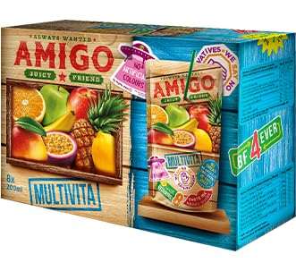 Amigo Multivitamin 200ml juice box with fruity design and vibrant packaging.
