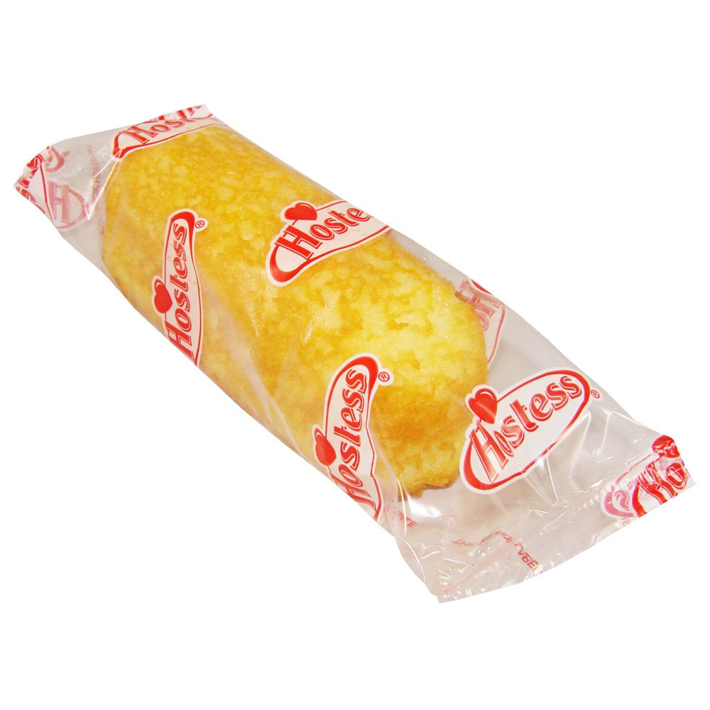 Hostess Twinkies in clear packaging showcasing golden sponge cake.