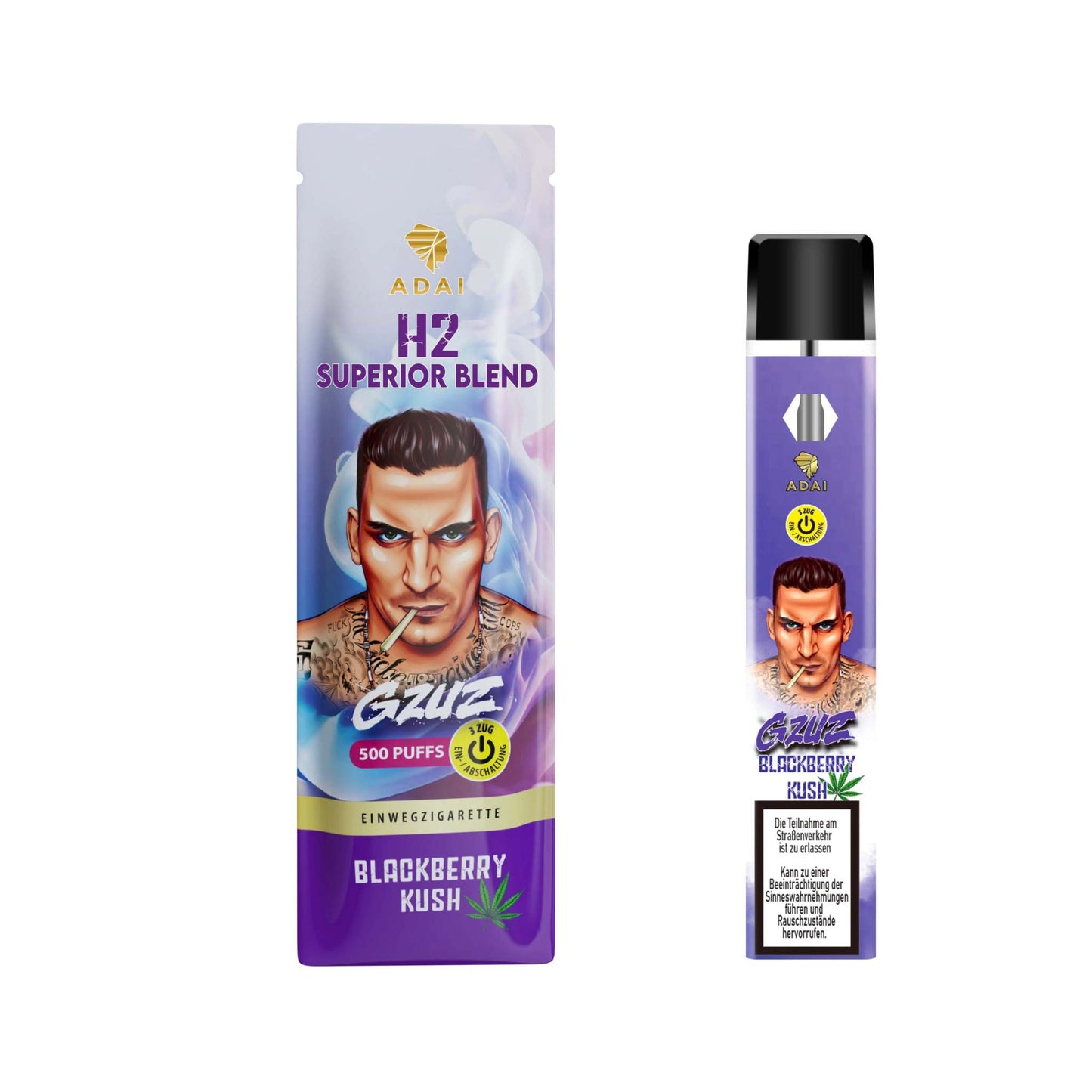 GZUZ H2 Superior Blend Blackberry Kush vaporizer, 500 puffs, premium one-use device.