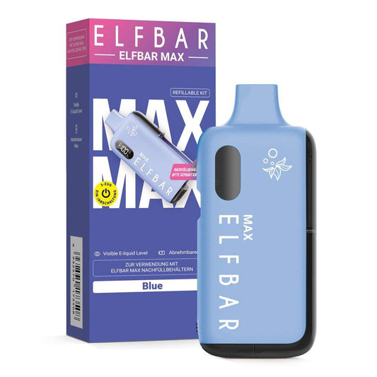 Elfbar Max wiederbefüllbares Vape Kit in Blau mit digitaler Anzeige und Mehrwegfunktion