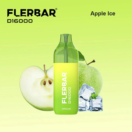 Flerbar 16K Apple Ice vape with green apple and ice cubes, offering 16,000 puffs.