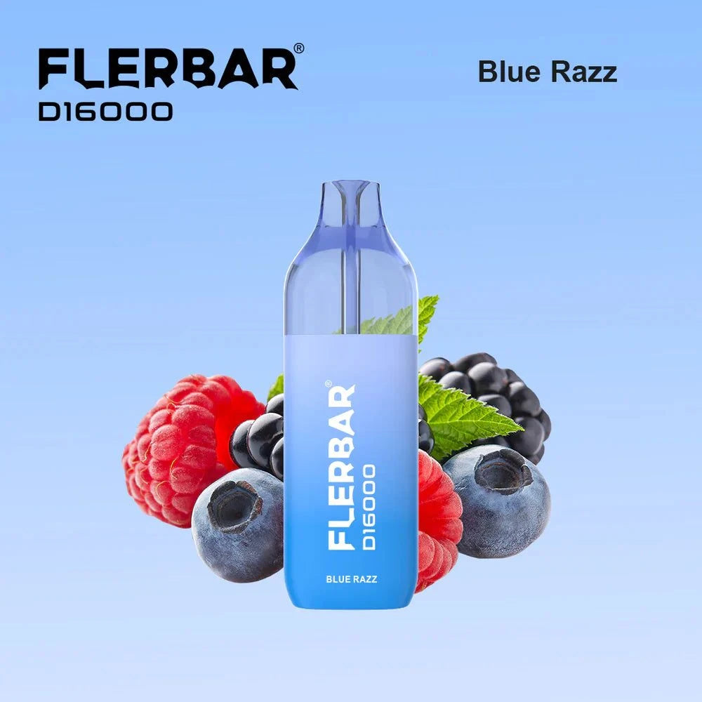 Flerbar 16K vape with blue razz flavor, featuring up to 16,000 puffs and rechargeable battery.