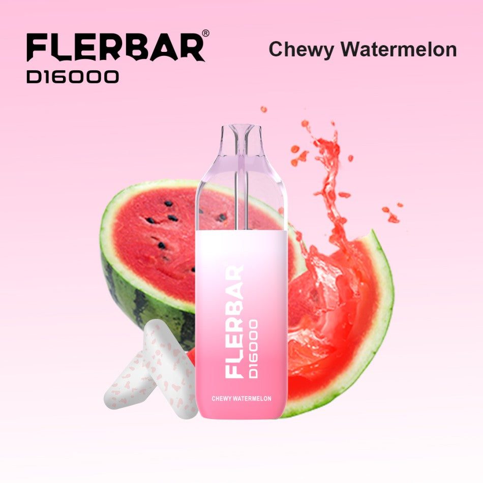 Flerbar 16K vape in "Chewy Watermelon" flavor with watermelon slices and design elements.