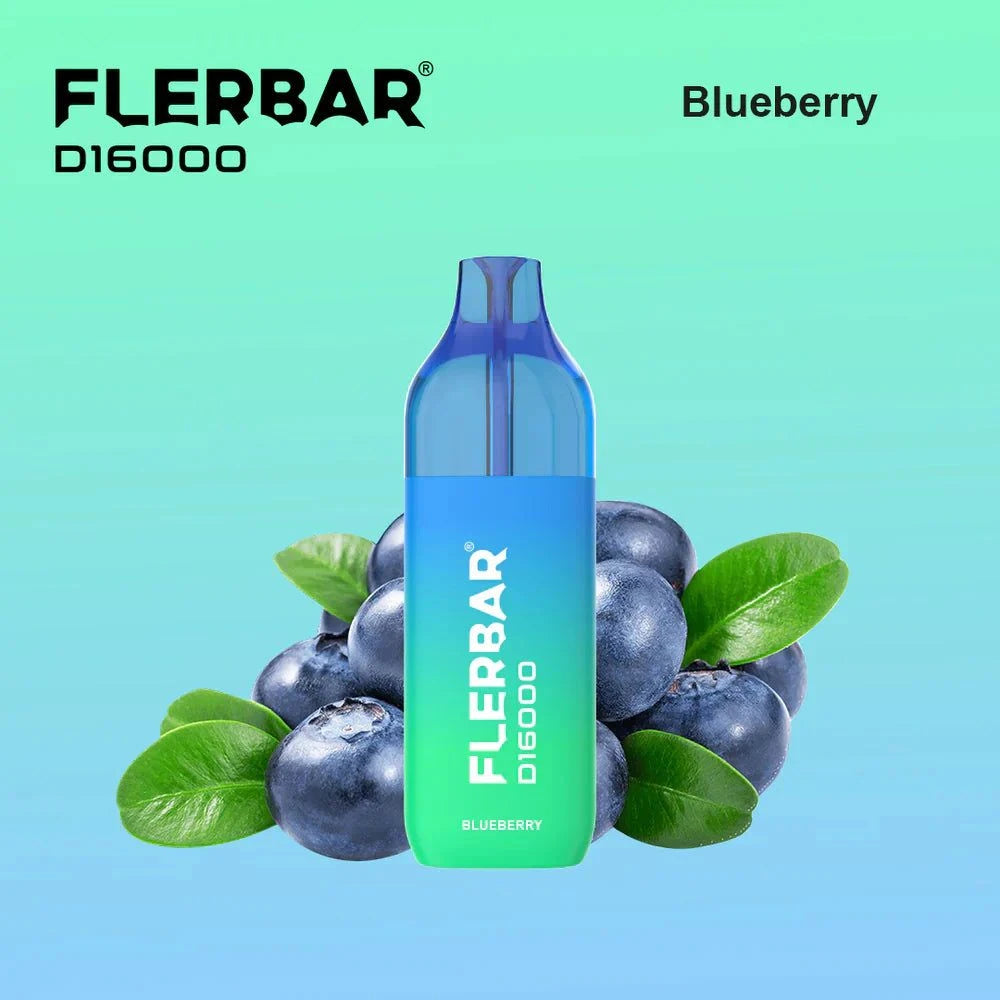 Flerbar 16K reusable vape with up to 16,000 puffs, blueberry flavor, and tax banderole.