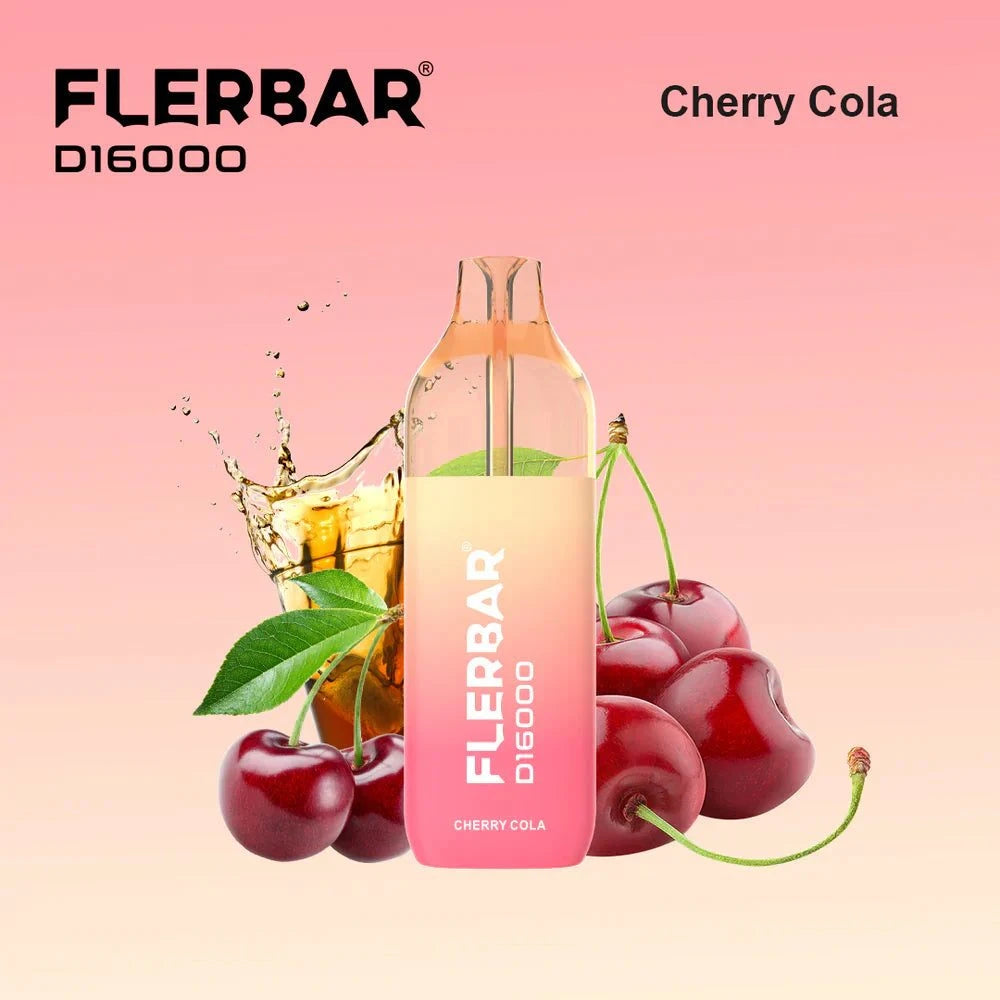 Flerbar 16K vape with Cherry Cola flavor, featuring up to 16,000 puffs, rechargeable battery, and modern display.