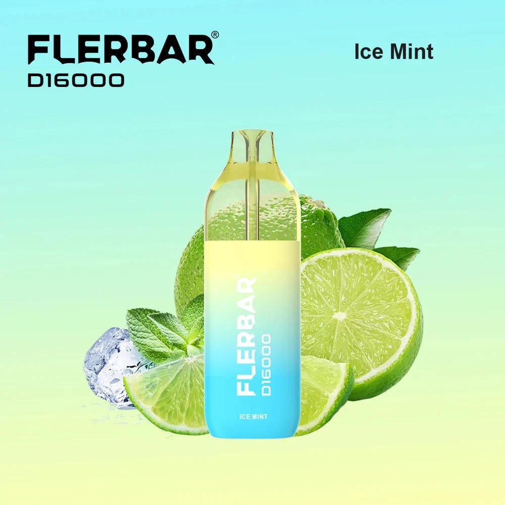 Flerbar 16K vape device with 16,000 puffs, rechargeable battery, and ice mint flavor.