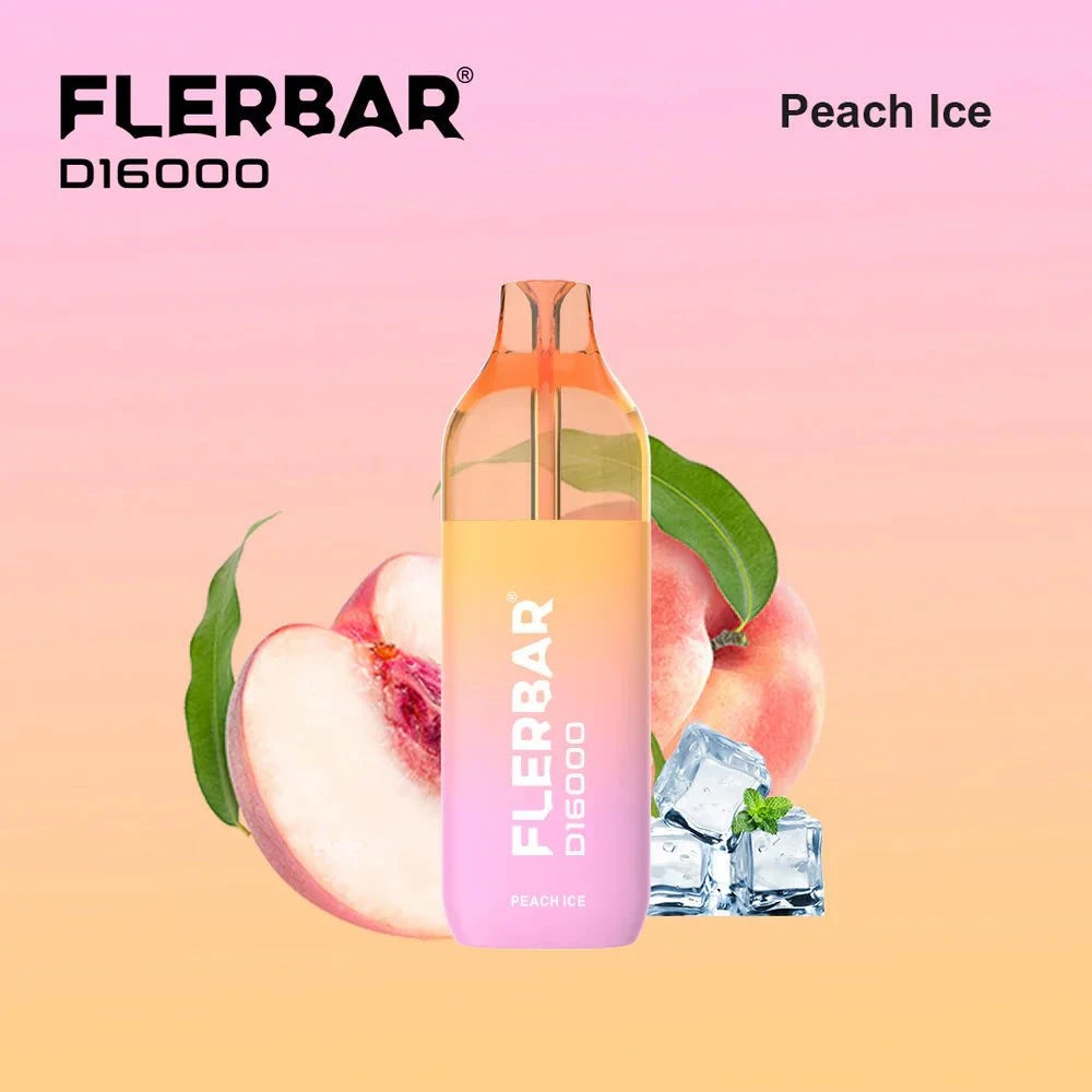 Flerbar 16K vape device with Peach Ice flavor, featuring up to 16,000 puffs and a sleek design.