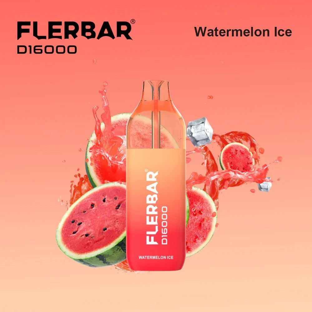 Flerbar 16K vape with Watermelon Ice flavor, featuring up to 16,000 puffs, rechargeable battery, and German tax band.
