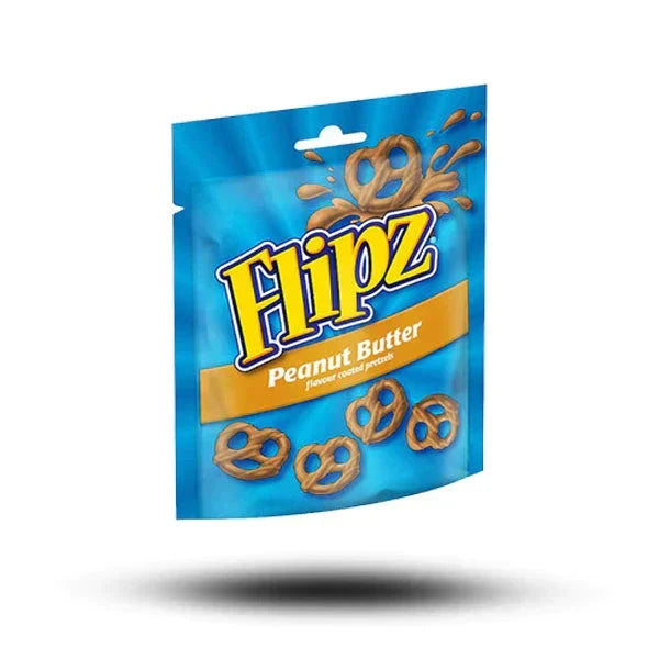 Flipz Peanut Butter Pretzels 90g pack with blue packaging featuring pretzel illustrations.