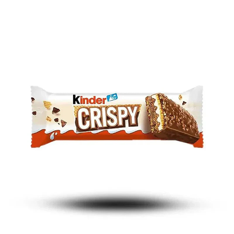Kinder Crispy 34g snack bar with crispy cereals, milk cream, and chocolate coating.