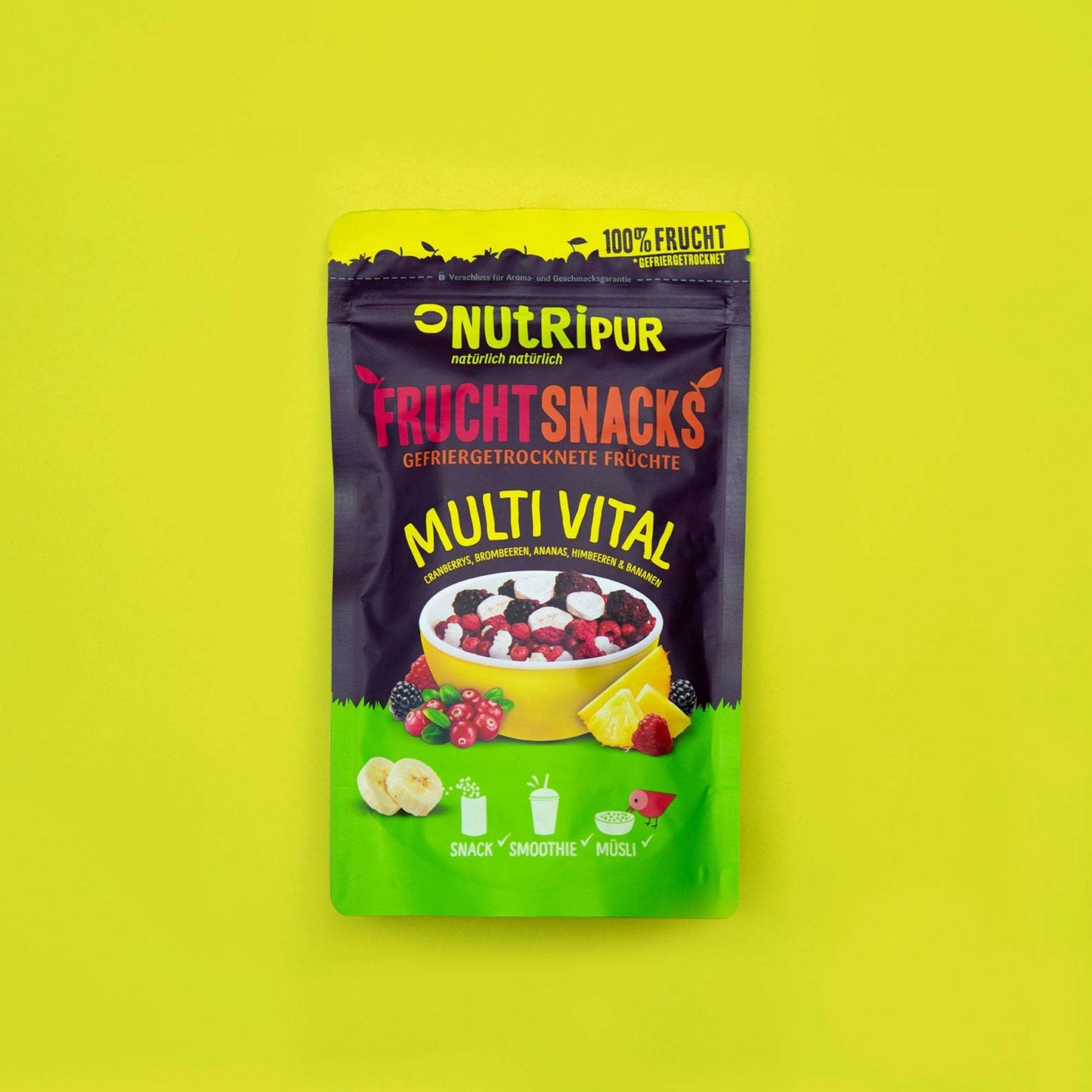 Gefriergetrocknete Früchte Multi Vital 25g Verpackung auf gelbem Hintergrund.