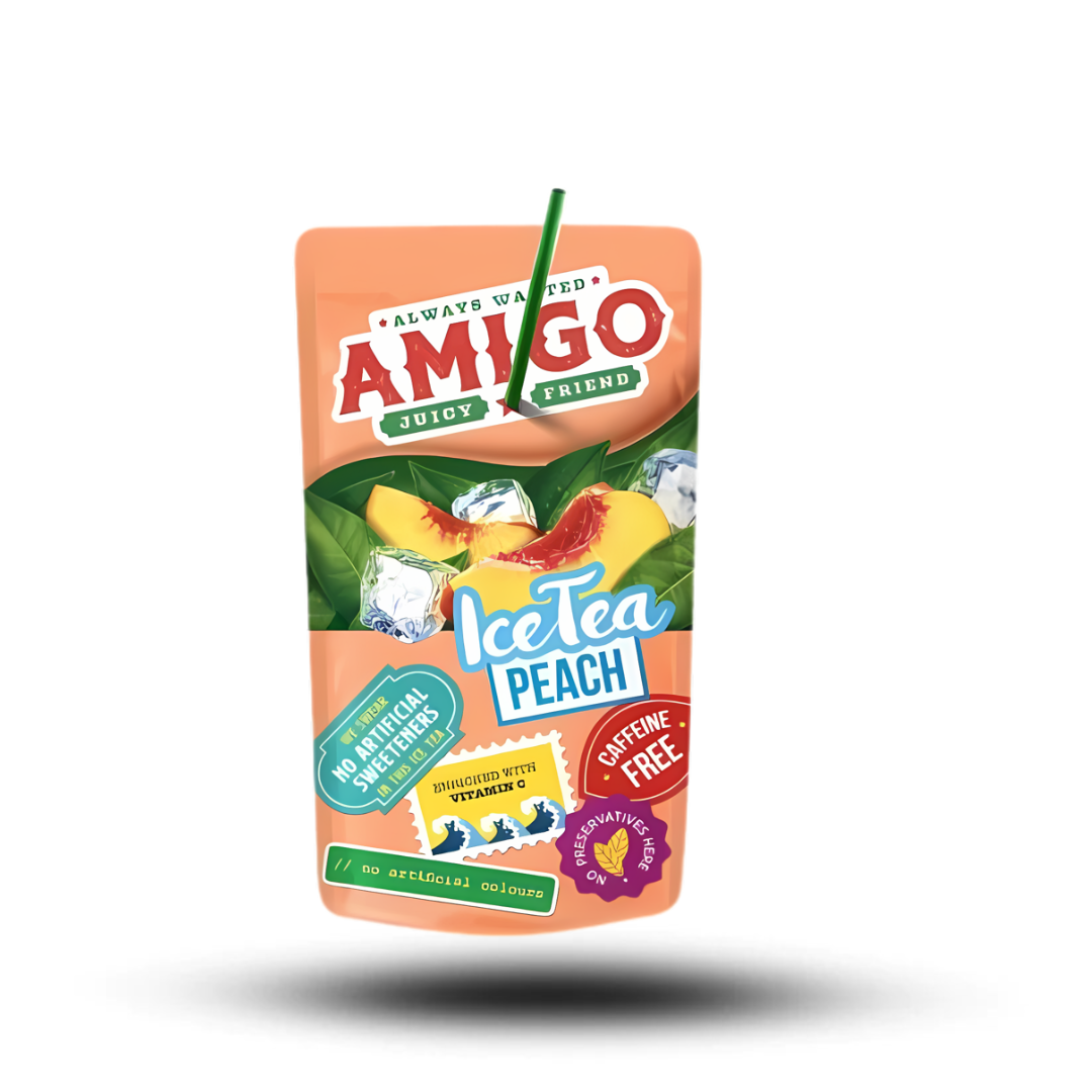 AMIGO Ice Tea Peach 200ml sachet with peach flavor graphics.