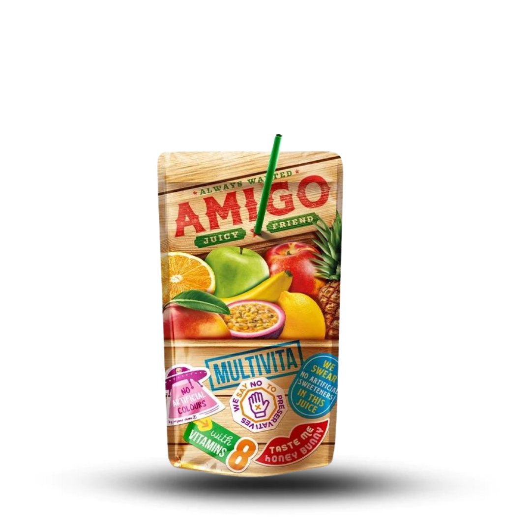 Amigo Multivitamin 200ml juice box with assorted fruit design.