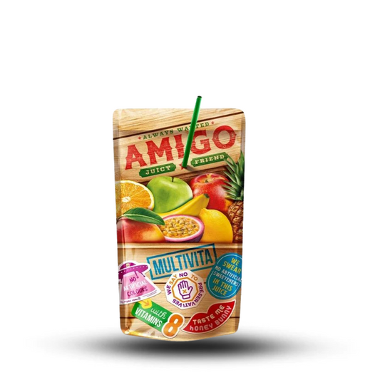 Amigo Multivitamin 200ml juice box with assorted fruit design.