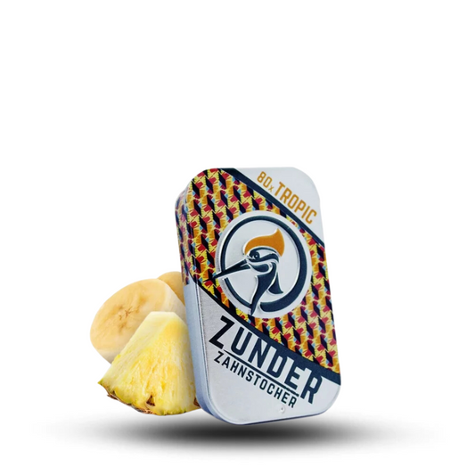 Zahnstocher mit Geschmack Tropical 80 Stück mit Ananas, Pfirsich, und Banane.