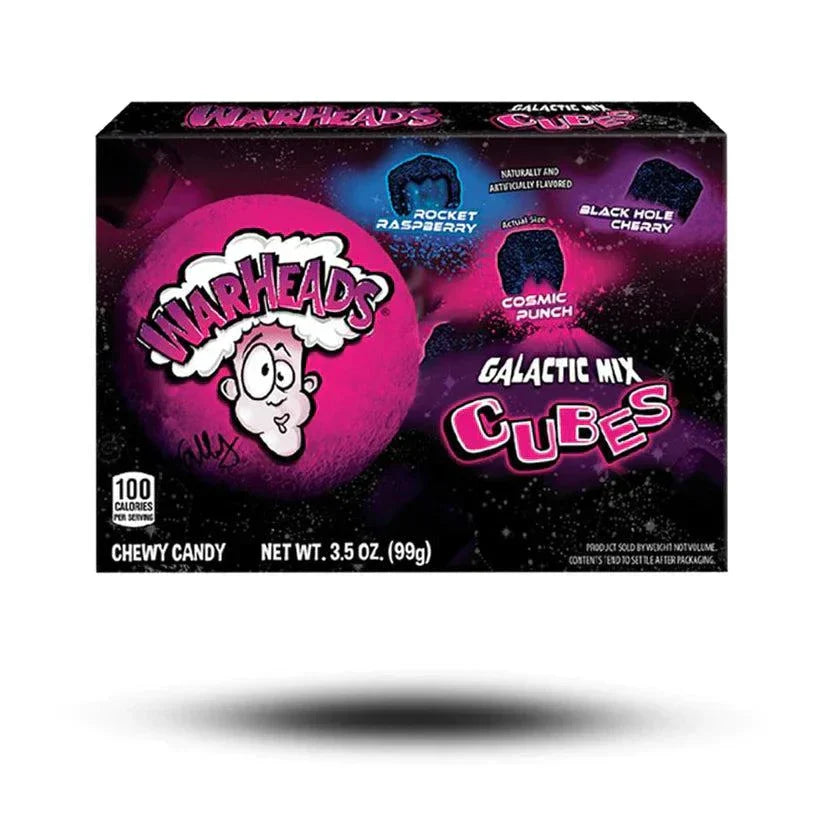 Warheads Galactic Mix Cubes Theatre Box 99g with fruity and sour flavors against a cosmic-themed background.