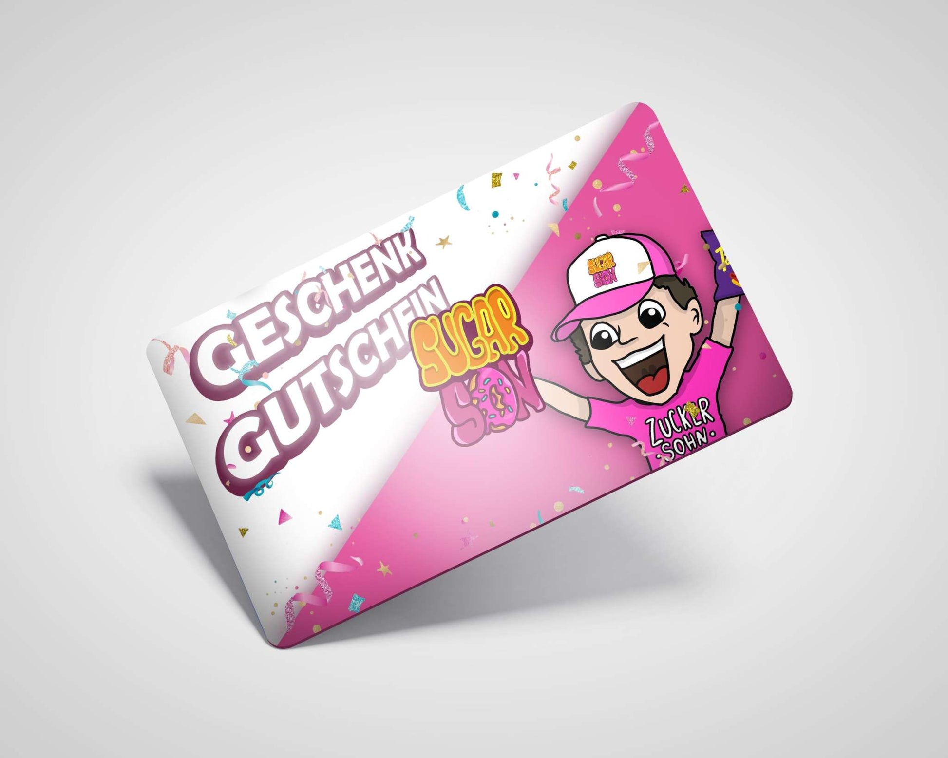 SugarSon Geschenkgutschein with colorful design and cartoon character in a pink theme.