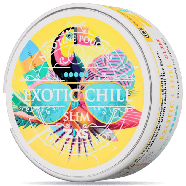 ZIXS Exotic Chill Slim nicotine pouches with tropical fruit and mint flavor, vibrant packaging.