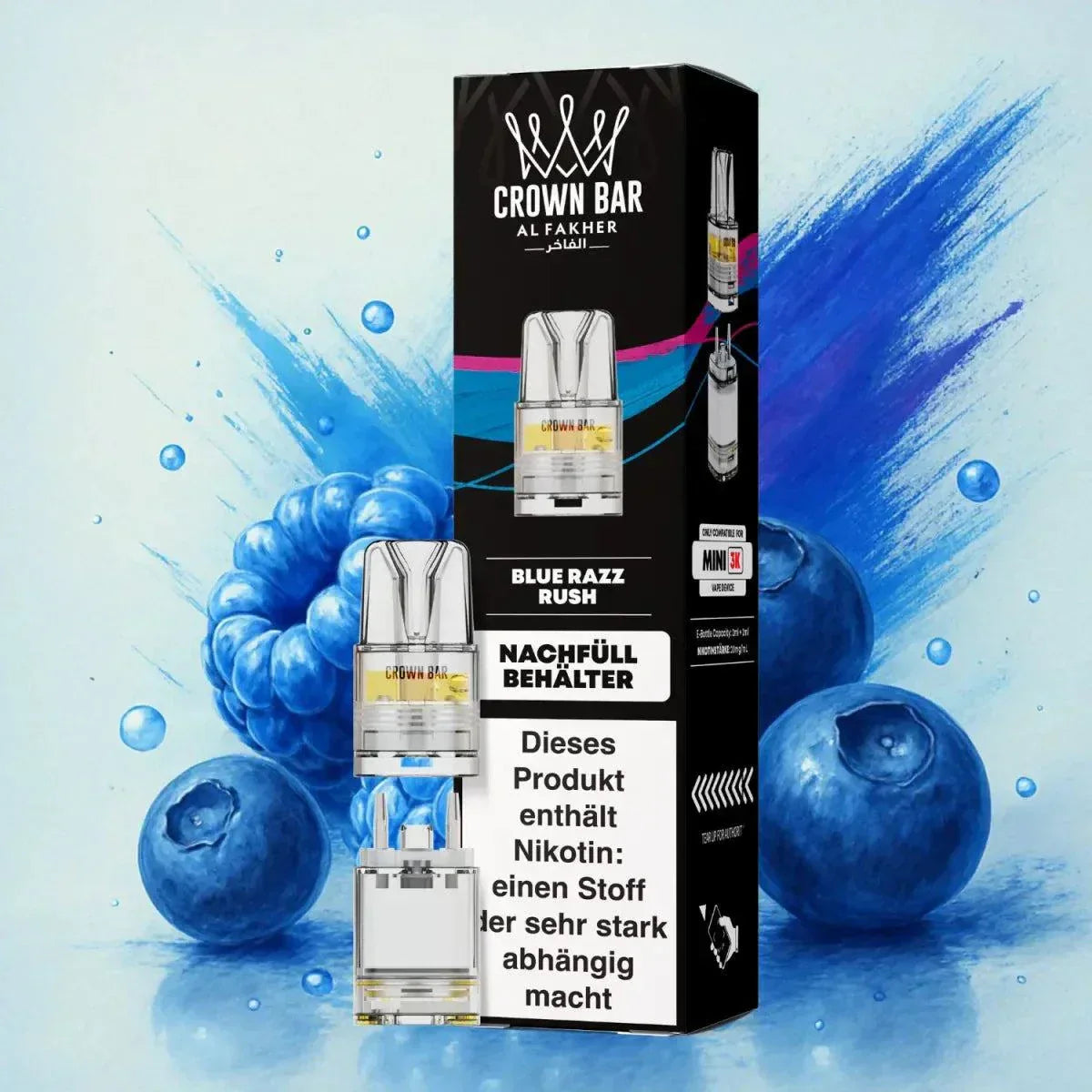 Al Fakher Mini Pod-System 3k with Blue Razz Rush flavor in packaging, featuring blueberries in the background.