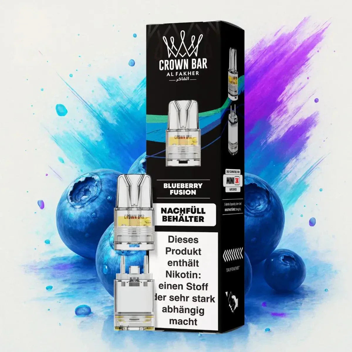 Al Fakher Mini Pod-System 3k with blueberry fusion flavor and vibrant packaging.