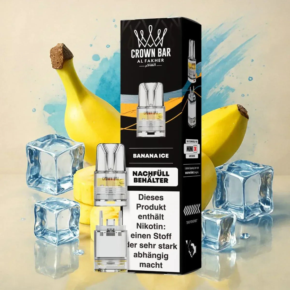 Al Fakher Mini Pod-System 3k with banana ice flavor, surrounded by bananas and ice cubes.