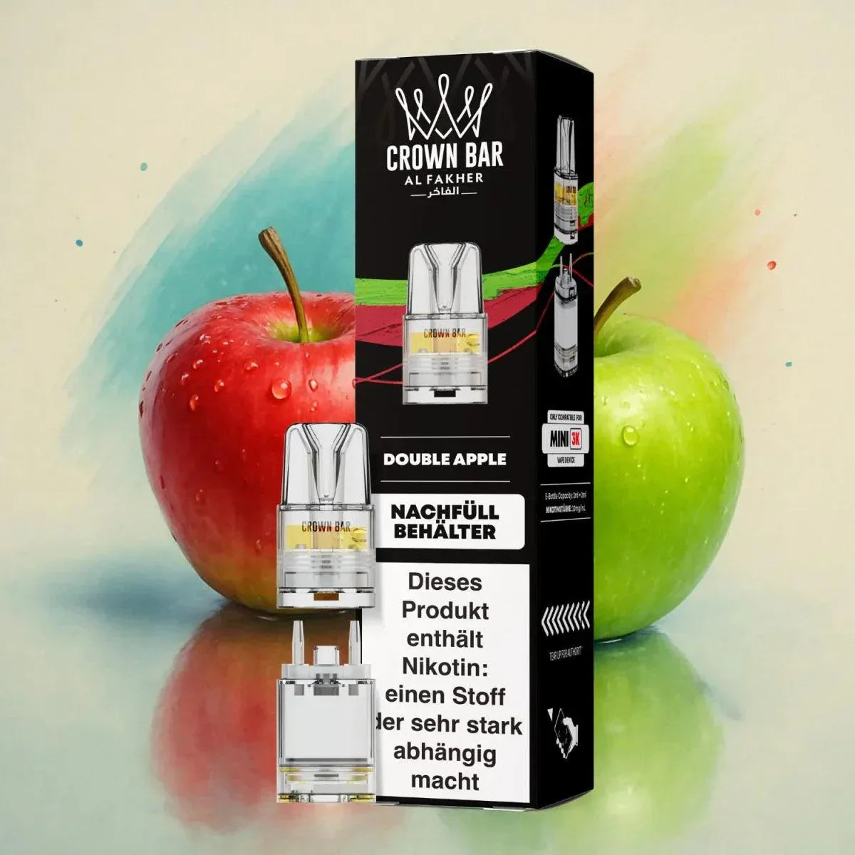 Al Fakher Mini Pod-System 3k with Double Apple flavor packaging against apple background.