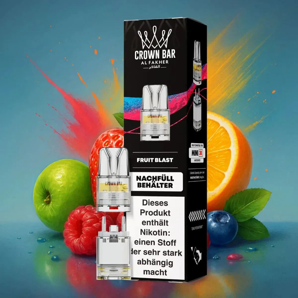 Al Fakher Mini Pod-System 3k with fruit blast design packaging against a vibrant fruit background.