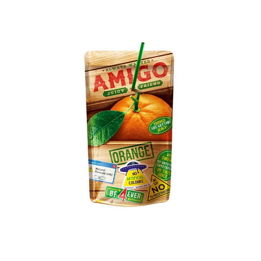 Amigo Orange 200ml soft drink with vibrant packaging featuring a fresh orange image and green leaf design.