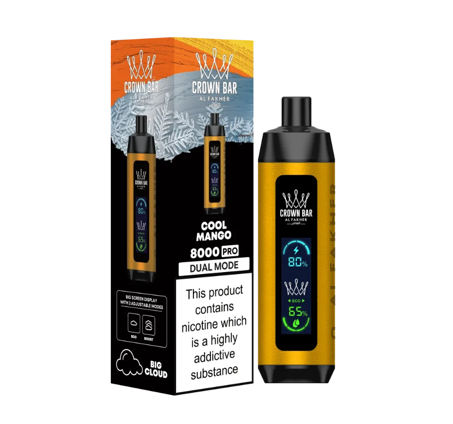 Al Fakher 8K Supermax Cool Mango disposable e-cigarette with 8000 puffs, 18 ml liquid, 5% nicotine strength, sleek design packaging.