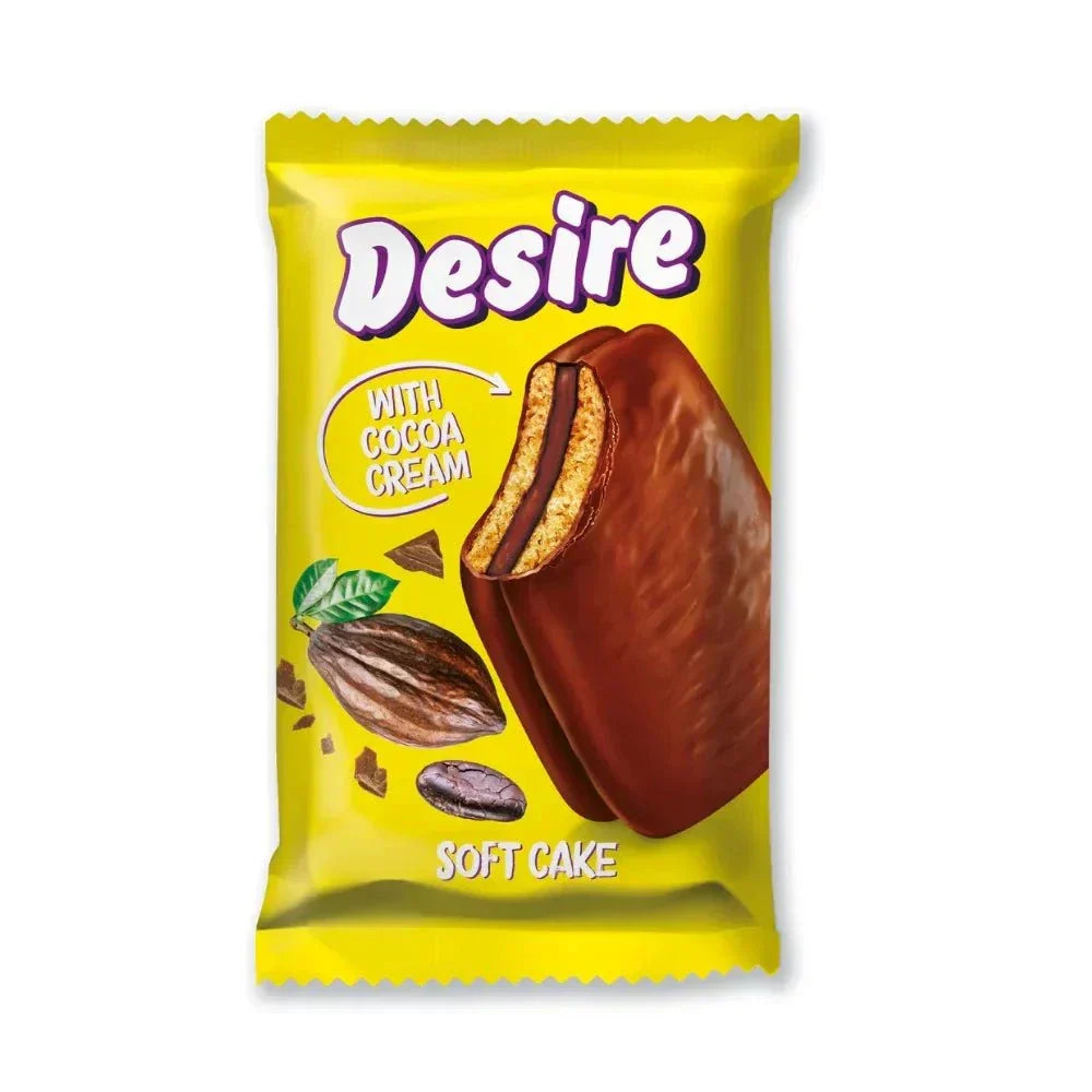 Desire Soft Cake Cocoa Cream 50g package showing rich chocolate cake filling