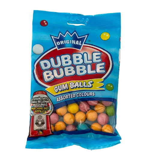 Dubble Bubble Bubble Gum original 85g bag with assorted colored gumballs.