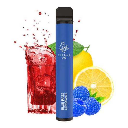 Elfbar 600 Einweg E-Zigarette in Blue Razz Lemonade flavor, showing device and fruit ingredients.