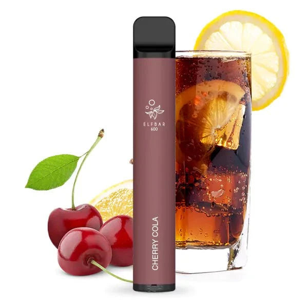 Elfbar 600 Einweg E-Zigarette in Cherry Cola flavor with cherries and cola glass.