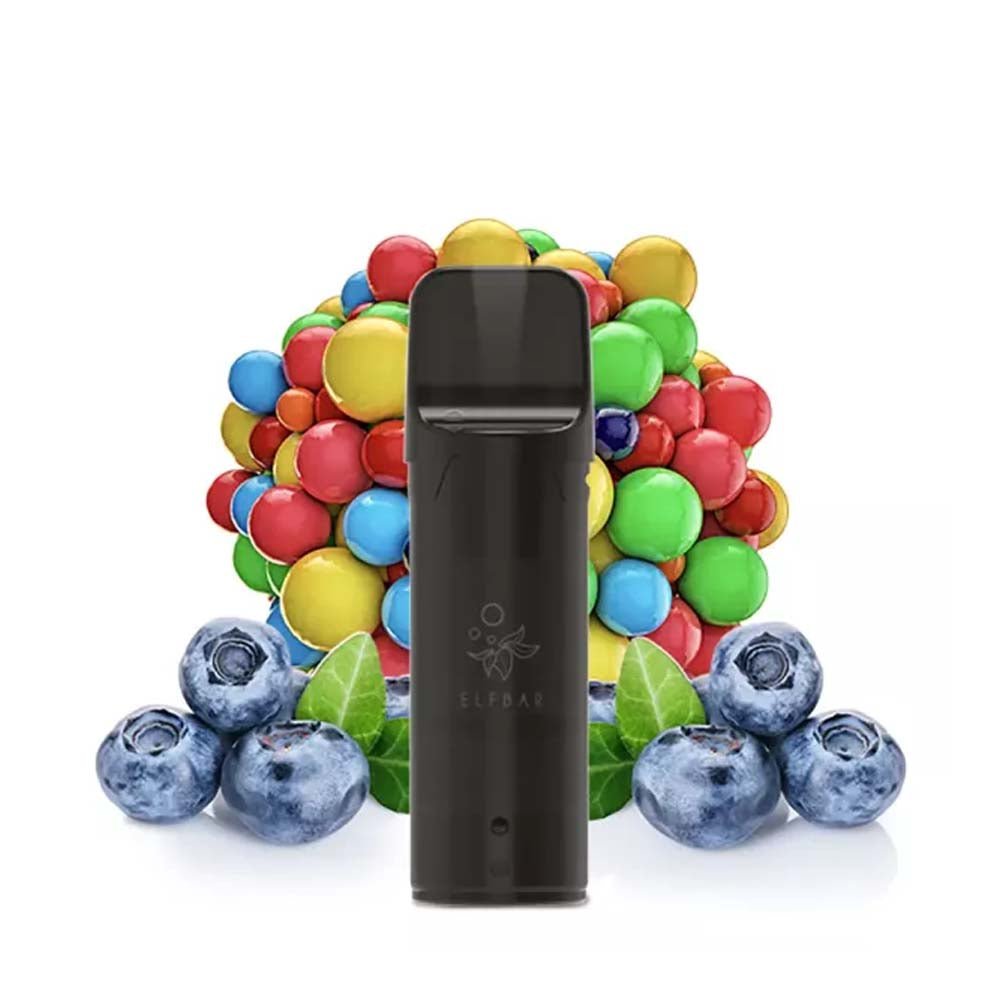 Elfbar Pods 2x2ml with colorful candy and blueberry background.