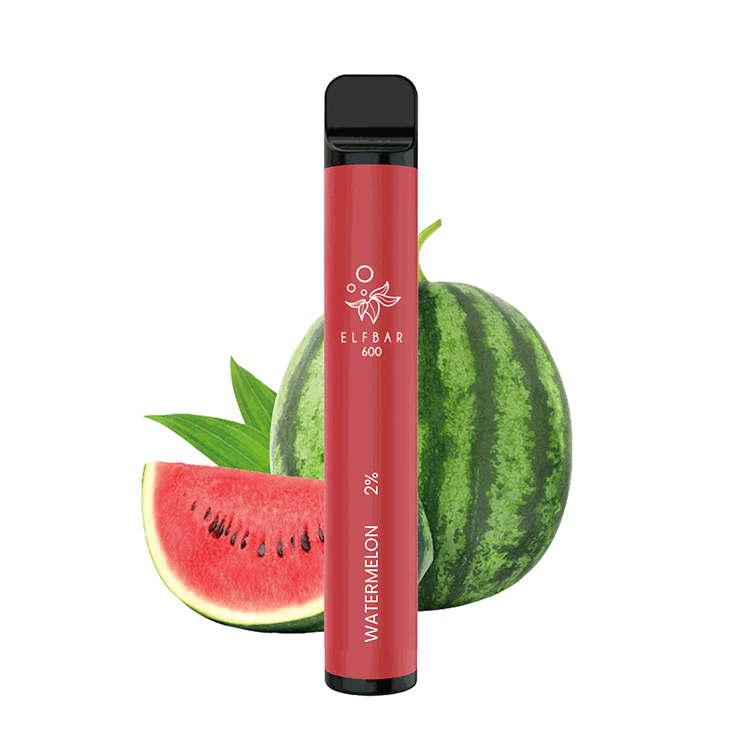 Elfbar 600 Einweg E-Zigarette in Wassermelone-Geschmack vor frischen Wassermelonenscheiben.