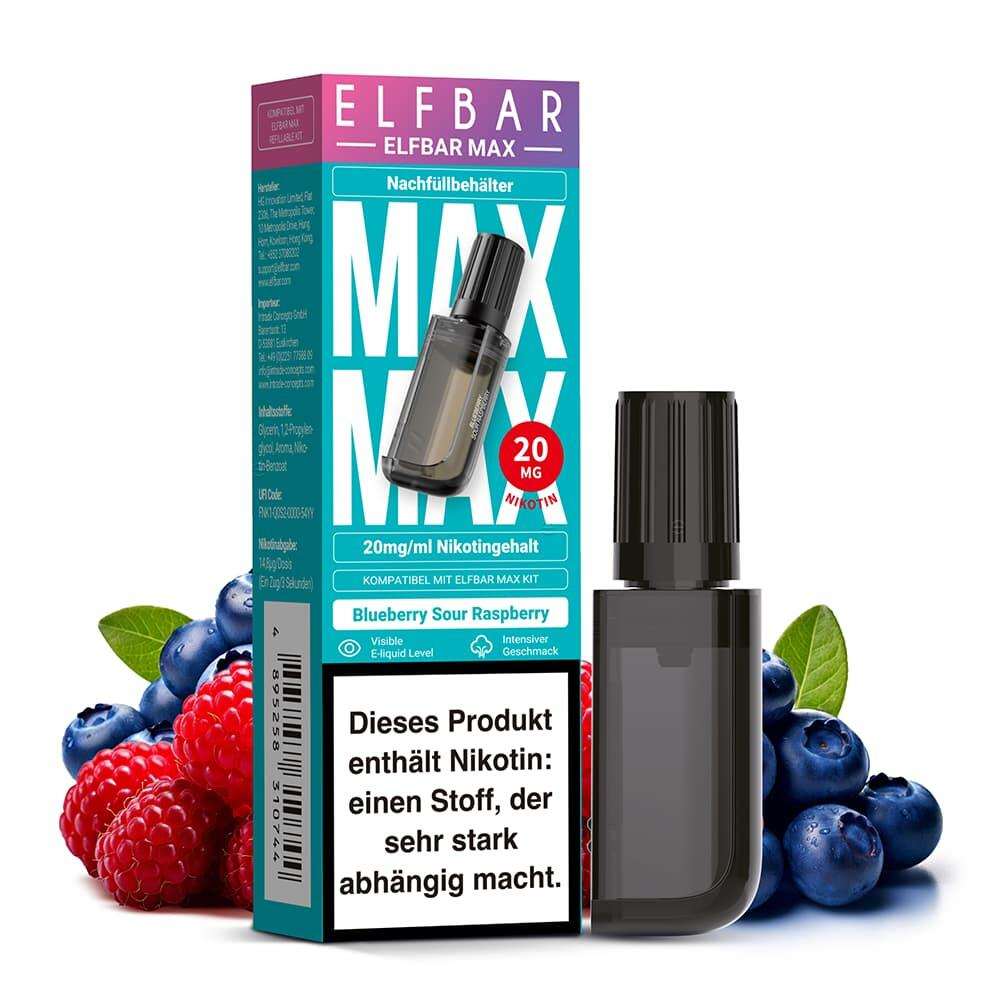 Elfbar Max 6k Mehrweg Pod-System mit 20 mg Nikotinsalz, wiederaufladbar, Bluetooth Sour Raspberry Geschmack, 6000 Züge, TPD-konform