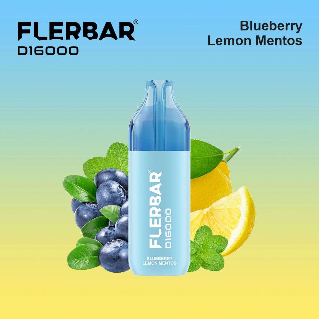 Flerbar 16K Einweg E-Zigarette mit Blueberry Lemon Mentos Geschmack vor Blaubeeren und Zitronenscheiben vor blau-gelbem Hintergrund