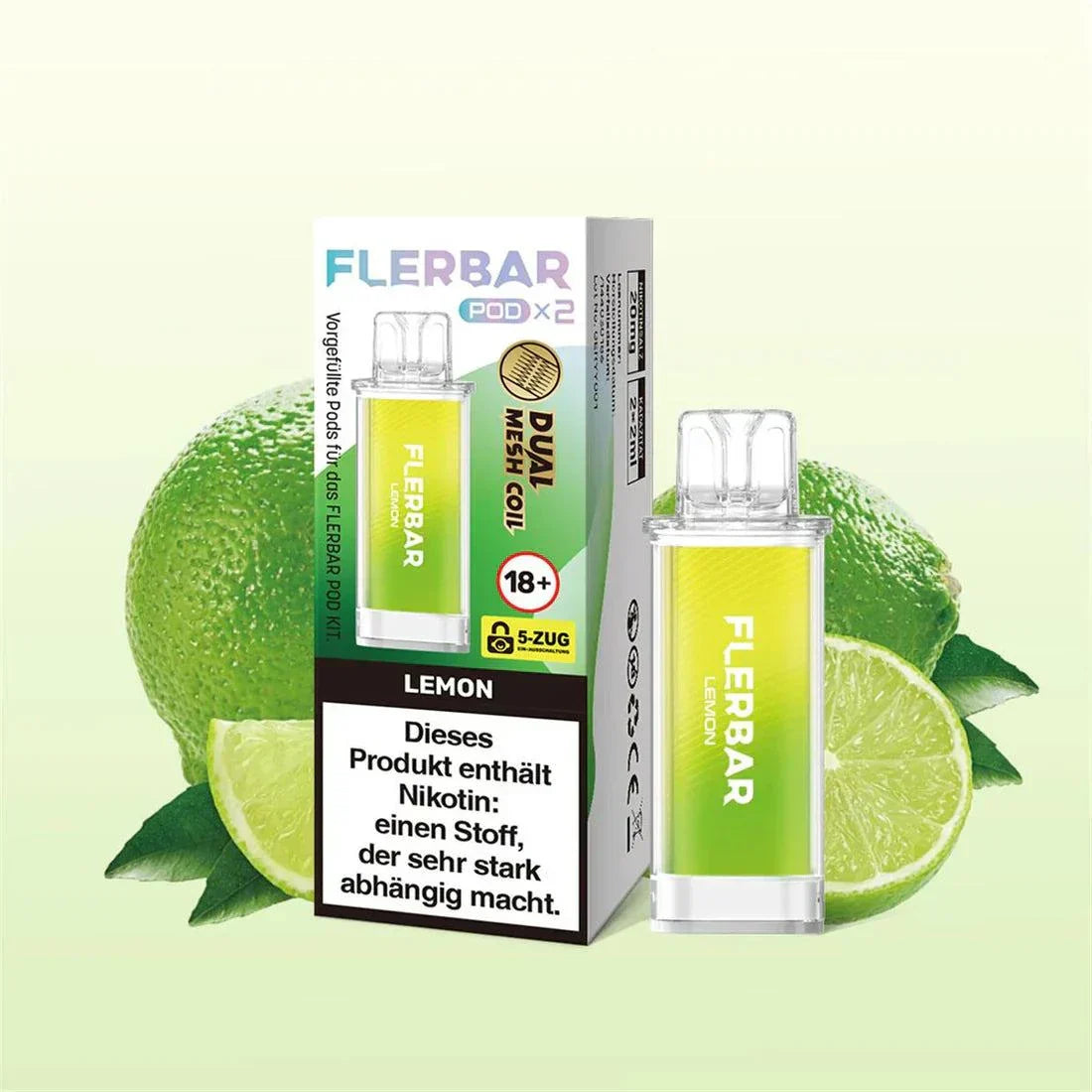 Flerbar Pod System Lemon flavor with lime background.