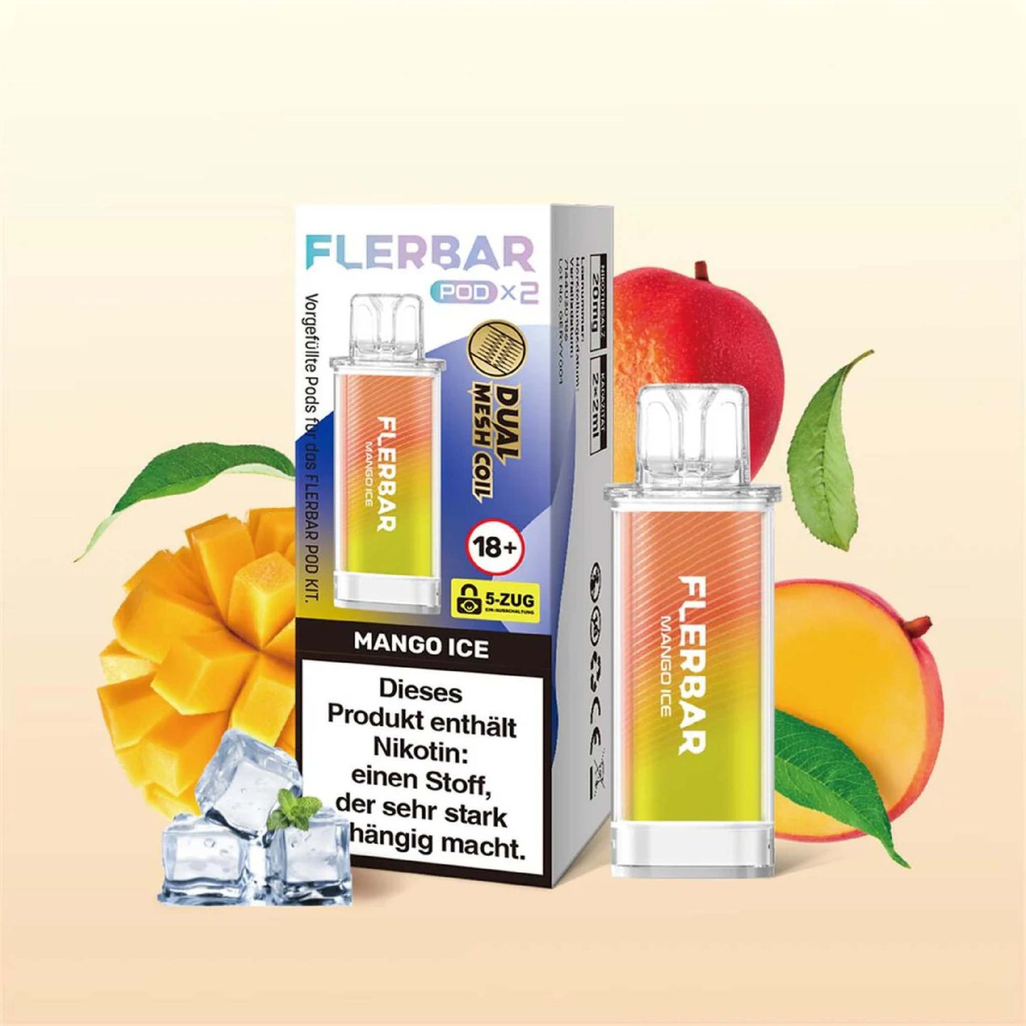 Flerbar Pod System with mango ice flavor and product packaging.
