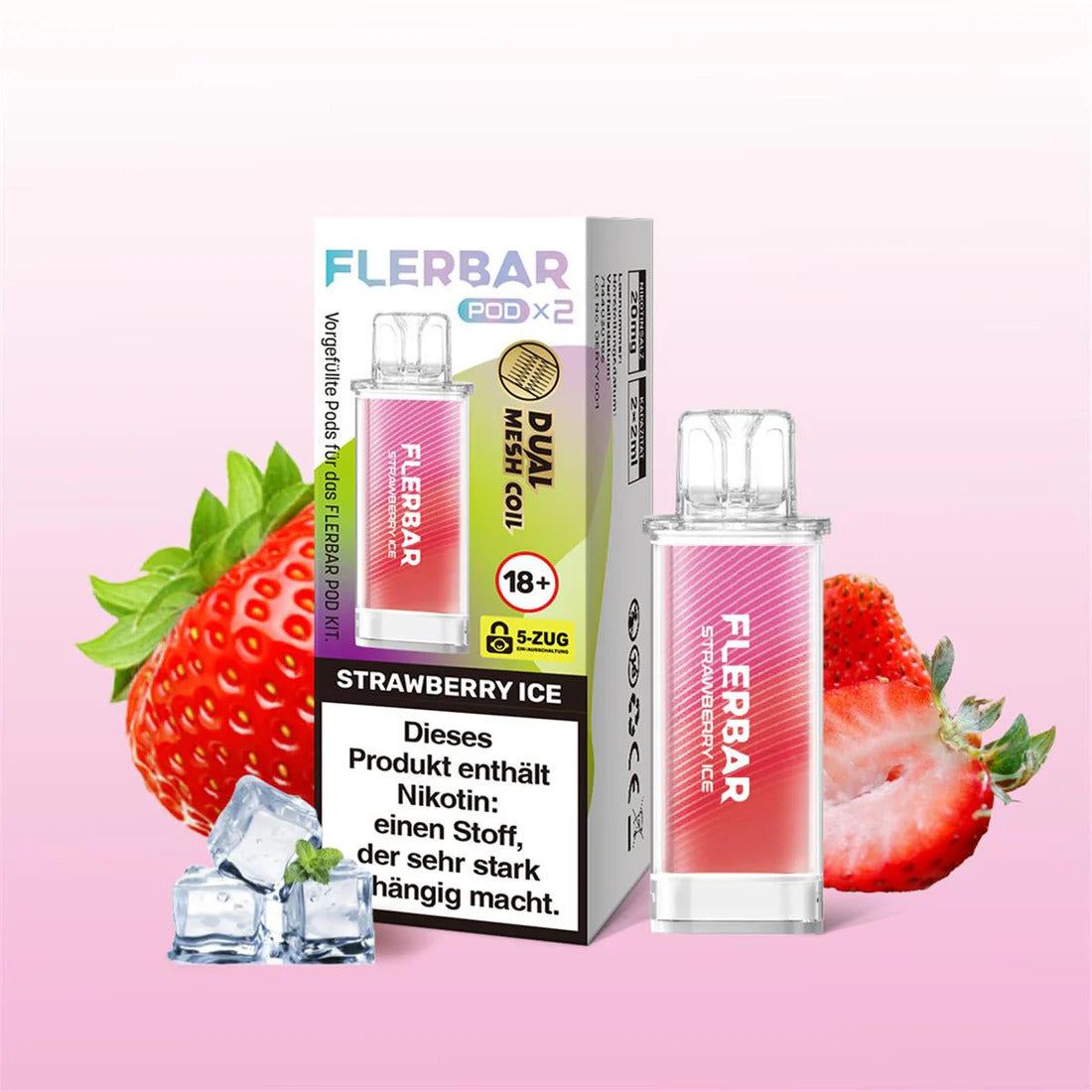Flerbar Pod System with strawberry ice flavor, packaging featuring fresh strawberries and ice cubes.