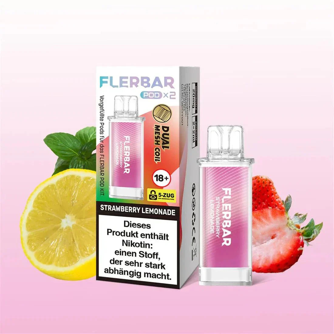 Flerbar Pod System with strawberry lemonade flavor and packaging.