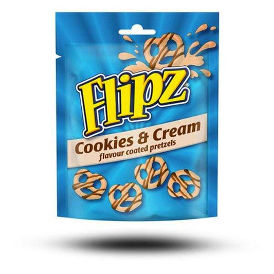 Flipz Cookies & Cream 90g bag with pretzels coated in white chocolate and cocoa cookie pieces.