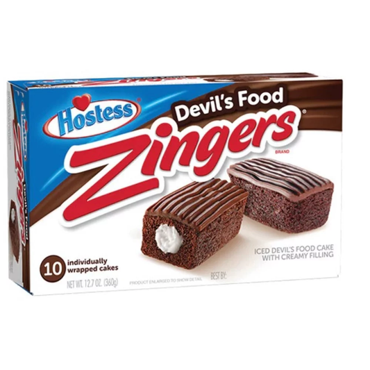 Hostess Zingers Chocolate 360g box with chocolate cream-filled cakes.