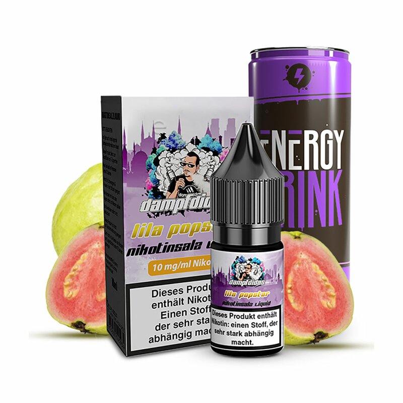 Dampfdidas Lila Popstar Nikotinsalz 10ml, tropical guava and purple energy drink flavor.